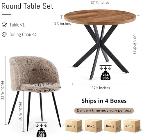 NORDICANA 5 Piece Dining Table and Chair Set, 37-Inch Engineered Wood Round Table Set, Light Brown Fuzzy Sherpa Armchairs with Black Metal Leg for Small Spaces