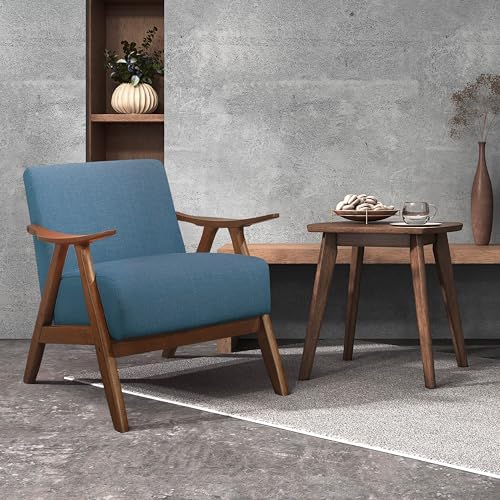 Lexicon Mid Century Modern Accent Chair with Solid Wood Frame in Walnut Finish, Upholstered Living Room Lounge Arm Chair, Thick and Comfy Innerspring Seat Cushion, Linen-Look Fabric, Blue | Upholstered Living Room Lounge Arm Chair, Thick and Comfy