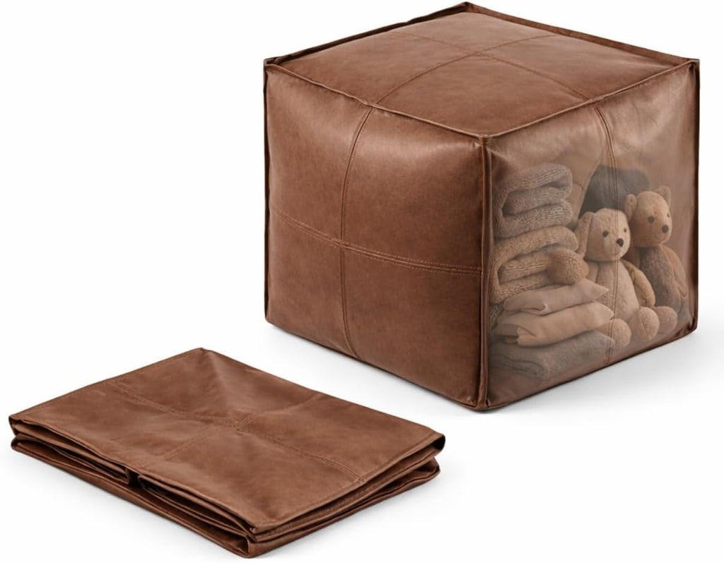 SOFTSOUL DIY Fillable Storage Ottoman – Stuff with Clothes, Blankets or Toys to Create Seat or Footstool, Space-Saving Faux Leather Square Pouf Organizer (Unfilled), 17.7”×17.7”×15.7”