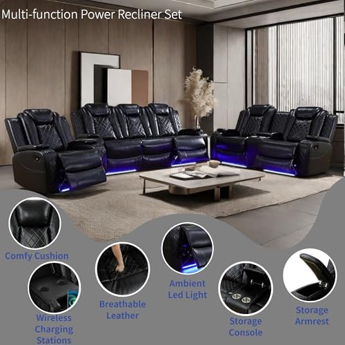Power Recliner Set with LED Lights, Air Leather Reclining Set with USB Port/Wireless Charger/Storage Console/Cup Holder for House/HomeTheater/Apt (Black, Sofa Loveseat Chair)