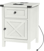 Farmhouse Nightstand with Charging Station, White Side Table, Rustic End Table with Barn Door and Drawer, Rustic Floating Nightstands Modern Bed Side Table Night Stand for Bedroom and Living Room