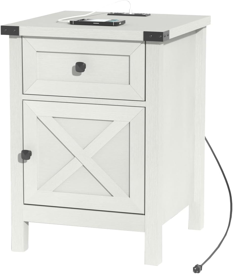 Farmhouse Nightstand with Charging Station, White Side Table, Rustic End Table with Barn Door and Drawer, Rustic Floating Nightstands Modern Bed Side Table Night Stand for Bedroom and Living Room