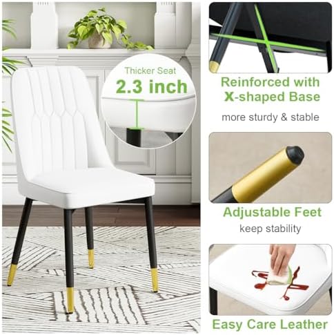 Dining Chairs Set of 4,Modern Dining Room Chairs,Faux Leather Dining Chairs with Thick Cushion and Metal Legs,White Kitchen Chairs for Dining Room Kitchen, White