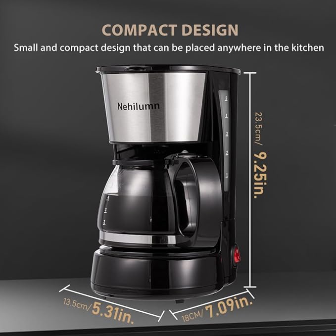4-5 Cups Drip Coffee Maker, Coffee Pot Machine Permanent Coffee Filter, Mini,20Oz Electric Coffee Maker,650W Black and Stainless Steel