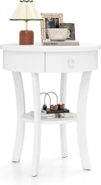 GOFLAME Round End Table with Drawer, 2-Tier Sofa Side Table with Solid Wood Legs, Open Storage Shelf, Vintage Accent Table, Display Table, Compact Nightstand for Living Room, White