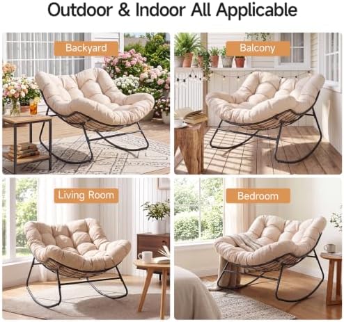 Papasan Rocking Chair, Oversized Outdoor Egg Chair with Thick Cushion | 450 lbs Heavy-Duty Frame, 6.7" Thick Cushion, Silent Rocking Design, Adjustable Rocking Angle, Indoor & Outdoor Use