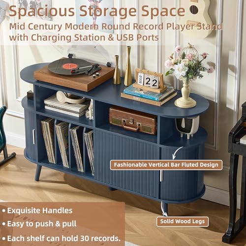 LELELINKY Extra Large Round Record Player Stand with Charging Station | Mid Century Modern Fluted Turntable Cabinet,Vinyl Storage, Arched Wood Record Player Table for Living Room,Blue