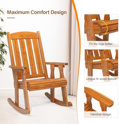 VINGLI Outdoor Rocking Chair, Heavy Duty 600 LBS Wooden Rocker, Teak(1PC) | High & Comfortable Backrest, Weatherproof Patio Rocker with Ergonomic Design, for Patio, Garden, Porch