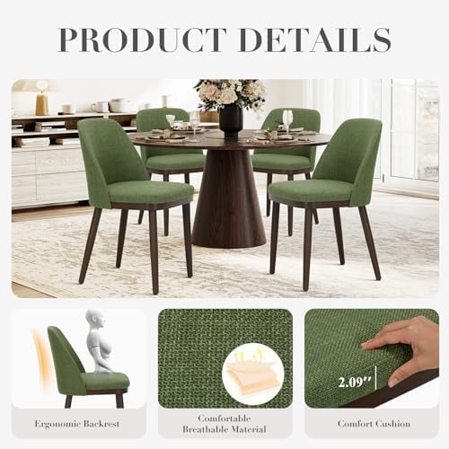 COLAMY Upholstered Dining Chairs Set of 4, Modern Kitchen Chairs with Back, Fabric Side Dining Room Chairs with Wood Legs for Farmhouce Restaurant, Green