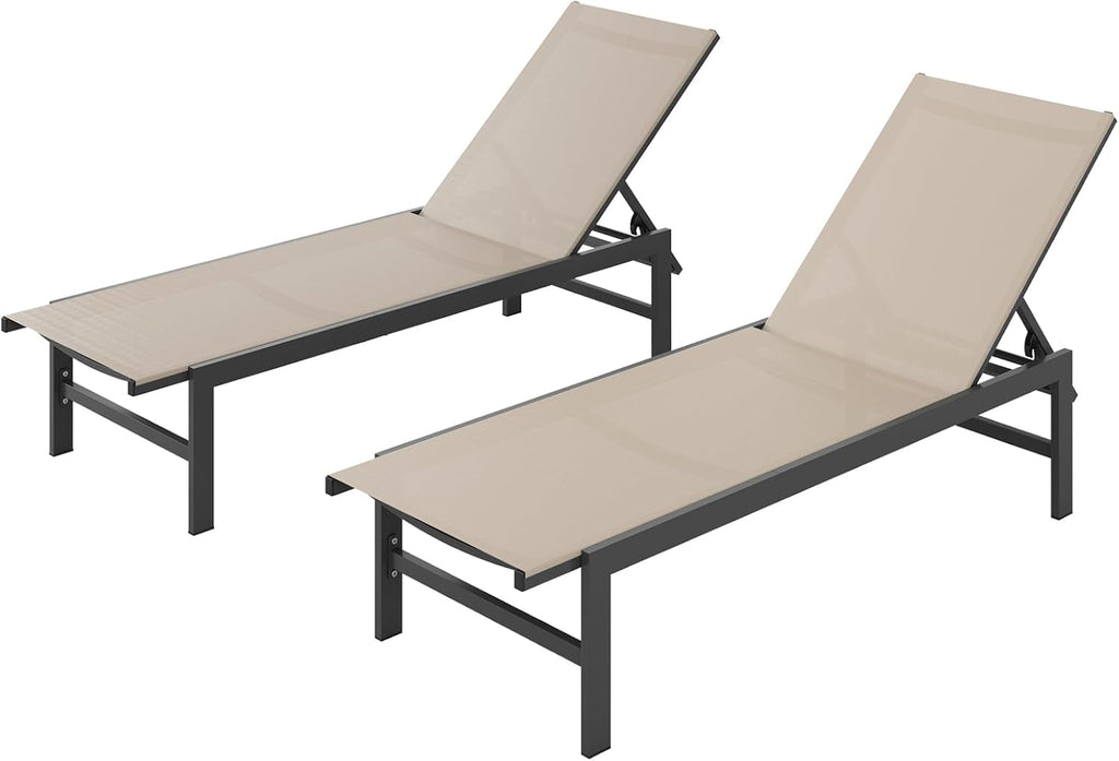 Vexwalx Pool Lounge Chairs Set of 2, Aluminum Lounge Chair Outdoor with 5-Position Recliner, Patio Chaise Lounge Outdoor for Backyard, Poolside, Deck (Khaki)