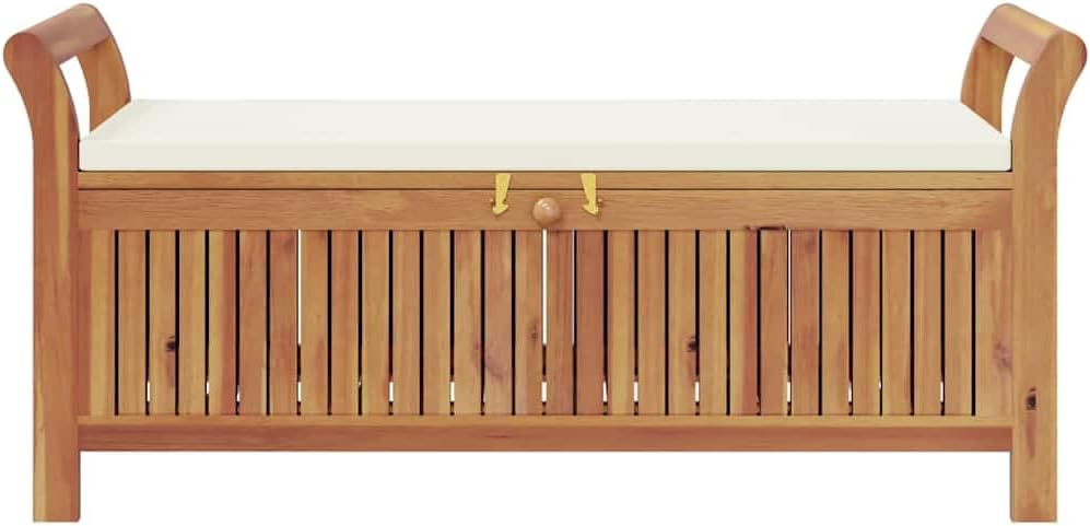 Outdoor Storage Bench with Cushion, Solid Acacia Wood Garden Seating for Patio, Porch, Deck, Cream White, 49.6 Inch Length