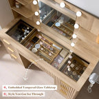 AMERLIFE 47.2" Fluted Vanity Desk with Mirror and Lights, Natural Oak | Large 7 Drawers Wood Makeup Vanity Table with Glass Top and Charging Station for Women and Girls, Bedroom or Dorm