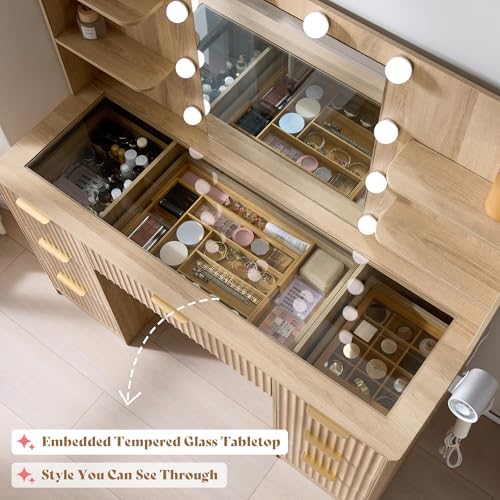 AMERLIFE 47.2" Fluted Vanity Desk with Mirror and Lights, Natural Oak | Large 7 Drawers Wood Makeup Vanity Table with Glass Top and Charging Station for Women and Girls, Bedroom or Dorm