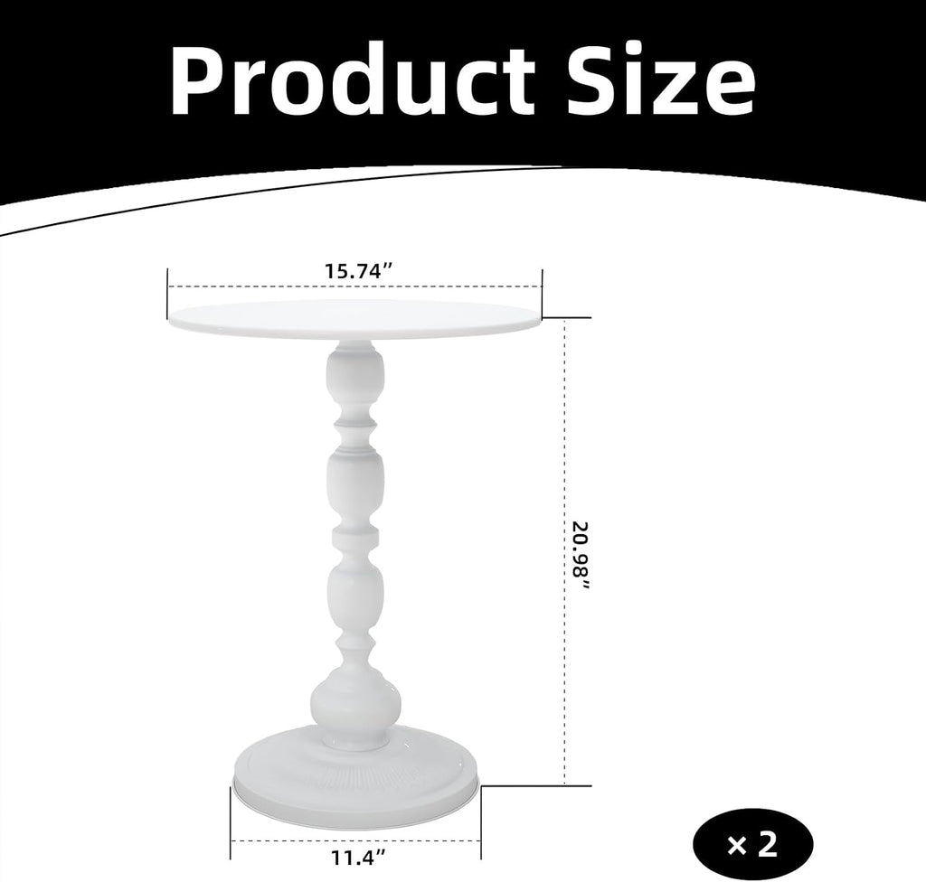 White Side Tables Set of 2 with Metal Pedestal Round End Tables for Small Spaces Living Room Bedroom or Patio Outdoor