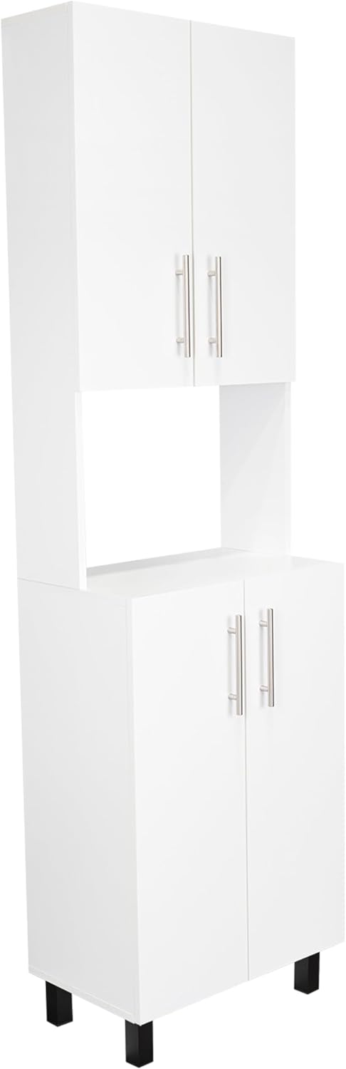 White Kitchen Storage Cabinet: Compact 76.8" Tall Double Door Pantry with Hutch & Shelves - Wood Frame Modern Design for Small Space Organization in Apartments & Homes