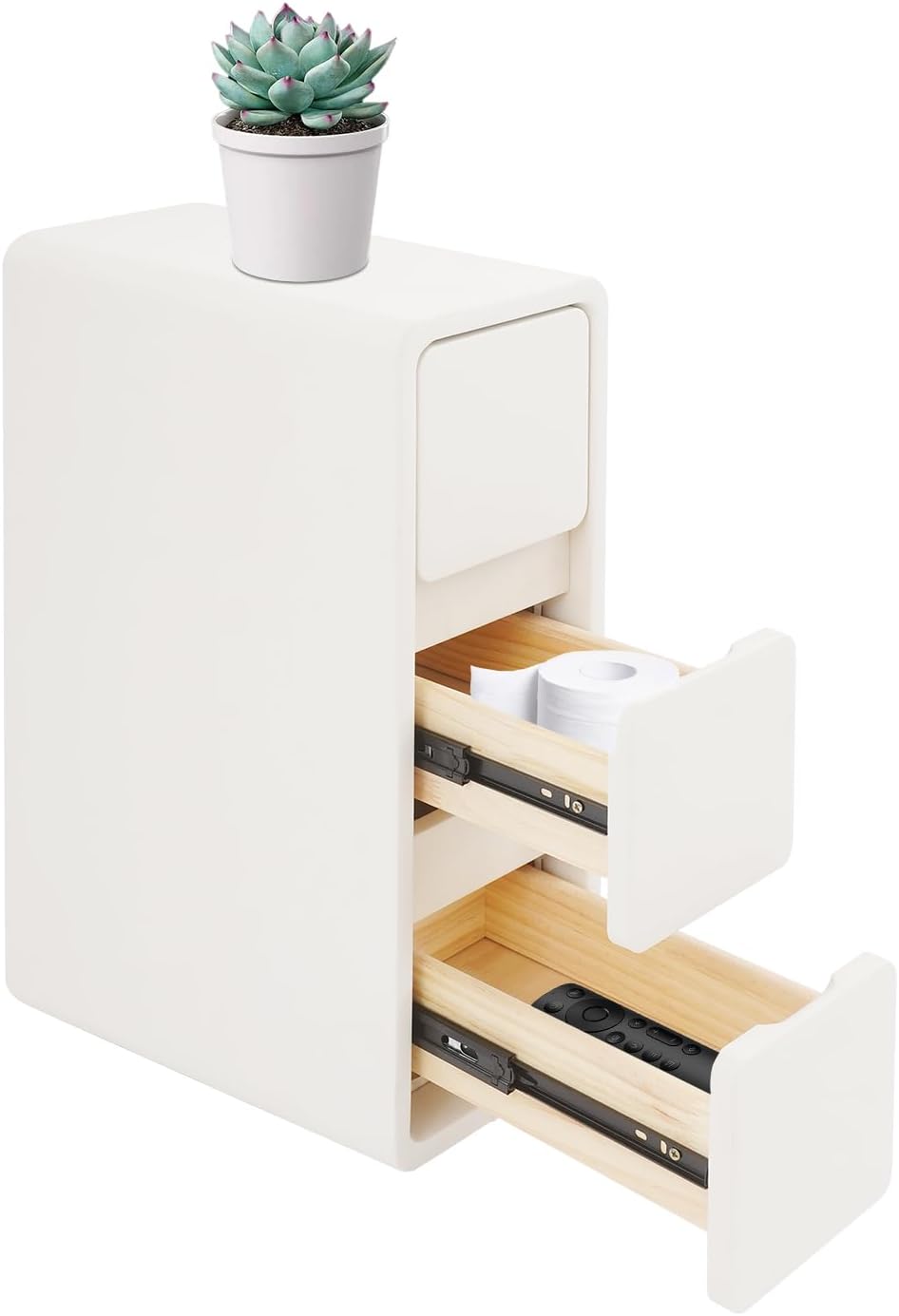 Solid Wood End Table, Narrow Bedside Table with 3 Drawers w/Leather Surface for Bedroom, Small Spaces, Living Room, Off-White