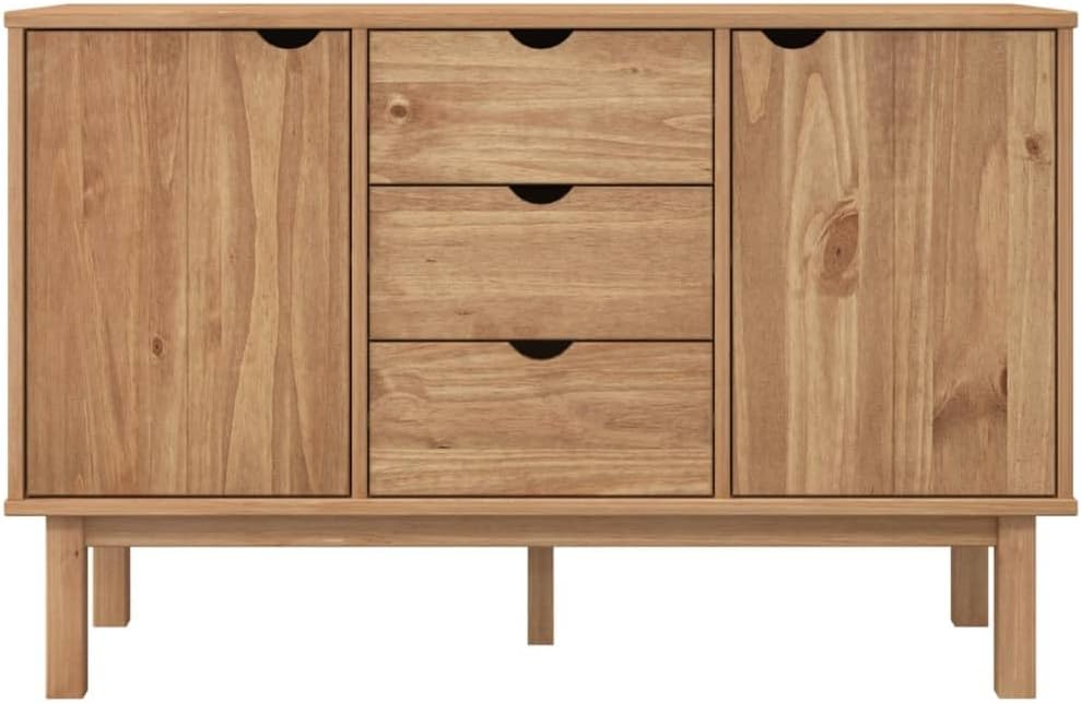 Scandinavian Sideboard Solid Pine Wood Engineered Wood Medium Large Brown 4 Pieces with 3 Drawers 2 Doors for Living Room Dining Area Storage