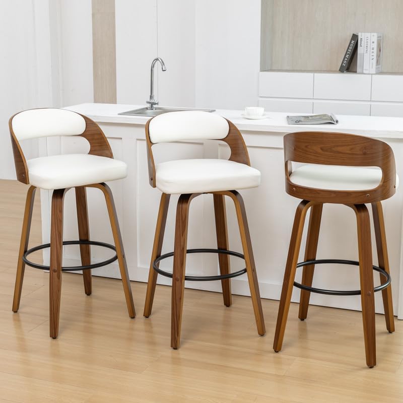 Swivel Counter Height Stools Set of 4, 25" Counter Stools with Bentwood Curved Back Upholstered Seats Mid Century Modern Stools for Kitchen Island, Counter, White