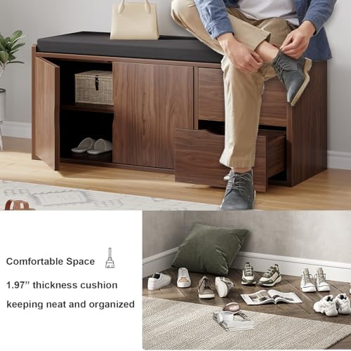 LVB 40” Entryway Bench with Padded Seat Cushion Shoe Bench with 2 Drawers | Wood Hidden Shoe Bench with 2 Drawers Cabinet, Industrial storage Bench for Foyer entrance Living Bedroom, Walnut Oak
