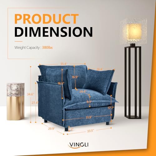 VINGLI 34" Width Oversized Accent Chairs Set of 2, Navy Sofa Reading Chair Upholstered Armchair Soft Chenille Fabric Living Room Chairs Sofa for Bedroom, Home Office, Play Room