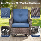 Belord Patio Wicker Chairs Swivel Rocker,Outdoor Patio Furniture Set with Rattan Side Table, All Weather Conversation Set for Porch Poolside Balcony, Brown Wicker/Blue