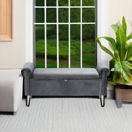 Storage Bench for Bedroom- Grey Velvet Bench with Storage 47" | Featuring Rolled Arms Decorative Nailhead Trim Safety Hinge Large Storage Space for Living Room, Entryway Pet Friendly