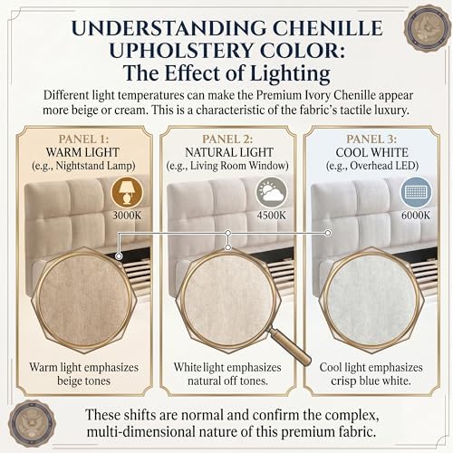 Chenille Fabric Upholstered Platform Bed Frame with Soft Headboard, Modern Low Profile Grounded Design, No Box Spring Needed, Sturdy MDF & Wood Frame, Neutral Style, Beige, Queen