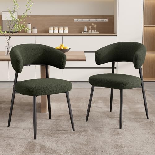 Dining Chairs Set of 6, Mid Century Modern Kitchen Chairs, Boucle Upholstered Dining Chair with Curved Backrest & Metal Legs for Kitchen Dining Room, Green