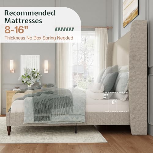 Jocisland Queen Bed Frame Linen Upholstered Wingback Headboard, Brown