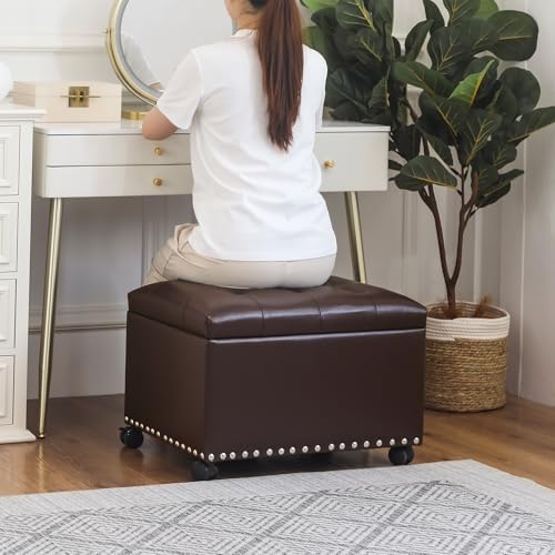 Joveco Leather Storage Ottoman with 360° Caster Wheels 24" Foot Rest Bench Rectangle Ottomans Stool for Living Room Bedroom (Brown, Wheels)