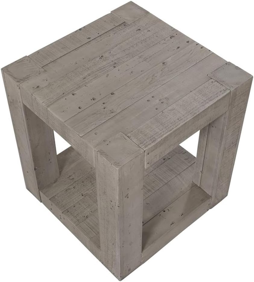 BOWERY HILL Contemporary Rectangular End Table, 22" Width x 24" Height, Reclaimed Solid Pine, Distressed Gray Finish, Bottom Shelf, Rustic Design for Living Room or Bedroom