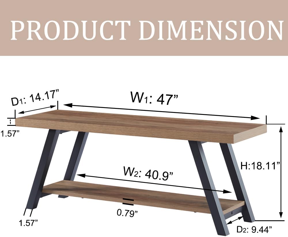 LVB Industrial Entryway Bench, Wood and Metal Storage Bench for Living Dining Room, Farmhouse Indoor Entry Way Shoe Benches Seat, Rustic Oak, 47 Inch Long | Farmhouse Indoor Entry Way Shoe Benches Seat, Wood and Metal Shoe Rack for Hallway Living Dining