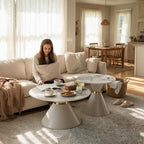 Modern Round Nesting Coffee Tables Set of 2, Marble‑Look Tabletop with Base | Stackable Nesting Coffee Tables, Round Faux Marble Top with Tapered Metal Base Gold Detail for Home Living Room