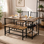 55-Inch Dining Table Set for 4 with Bench, Wine Rack, Rustic Brown | 4-Piece Kitchen Table Set with 2 Chairs, Bench, Stemware Holder and Storage Shelves for Small Spaces and Apartments