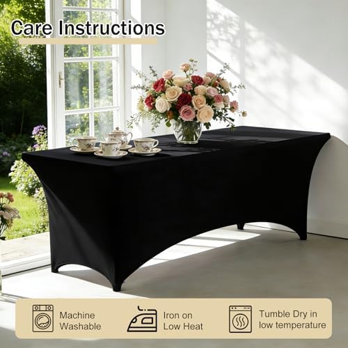 1 Set 6 FT Rectangle Folding Table with Carrying Handle, Lightweight Fold-in-Half Utility Table, with Matching Black Stretch Spandex Covers, Ideal for Weddings, Parties, Camping, Banquets, Crafts