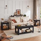 SAVOR LIFE Farmhouse Coffee Table Set of 3, Black | Rustic Wood 3 Piece Coffee and End Table Sets with Open Shelf for Living Room