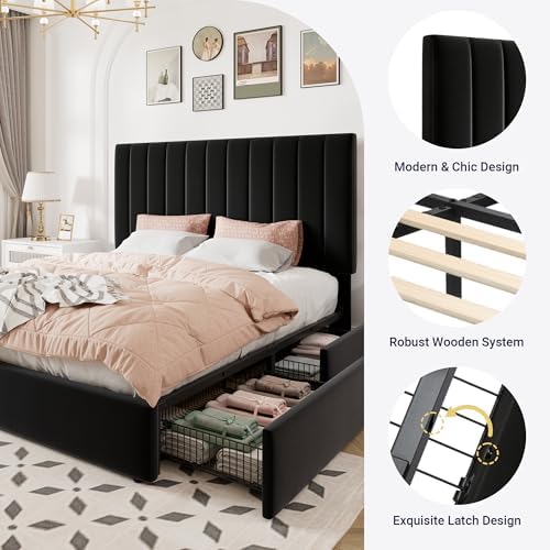 Allewie Queen Size Storage Bed Frame, Vertical Channel Tufted Adjustable Headboard, Velvet Upholstered Platform Bed with 4 Oversized Underbed Drawers, Wooden Slats Support, No Box Spring Needed, Black