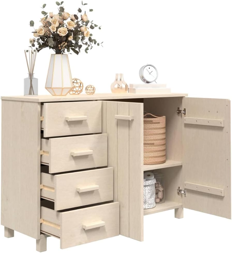 Honey Brown Solid Pine Wood Sideboard with 4 Drawers, Traditional Rustic Storage Cabinet for Dining Room, Ample Storage Space, Classic Home Decor Furniture