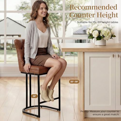AQO Counter Height Bar Stools Set of 4 for Kitchen Island, Modern Bar Stools with Backs, 26 Inch Barstools with Upholstered Faux Leather Seat and Footrest, Brown