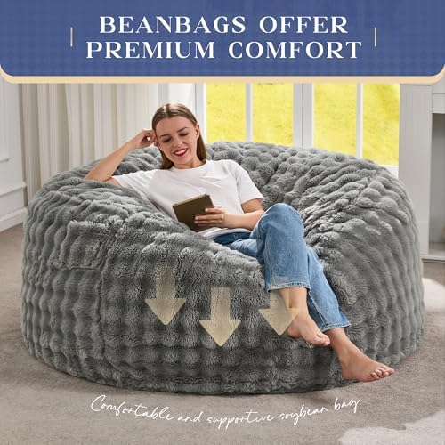 Hobestluk Adults Bean Bag Chair 5FT Big BeanBag Chair Giant Large Oversized | Memory Foam,Washable Cover,Unique Fluffy Bubble,Comfy Big BeanBag with Filling Lounging Gaming Bedroom Living Room | Grey 5FT