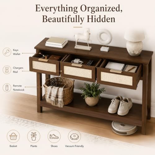 Luoxiao Console Table for Entryway with 3 Rattan Drawers Storage Open Shelf | Narrow Entry Table for Hallway, Foyer, Couch, Front Entrance, Anti-Tip, Easy to Assemble, 47 Inch, Walnut, Mid-Century Modern