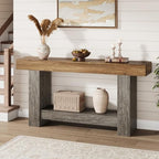 Garvee 63" Farmhouse 2-Tier Console Table for Entryway, Brown and Grey | Sofa Table with Storage, Sturdy U-Shaped Base, Long Entryway Table for Living Room, Easy Assembly