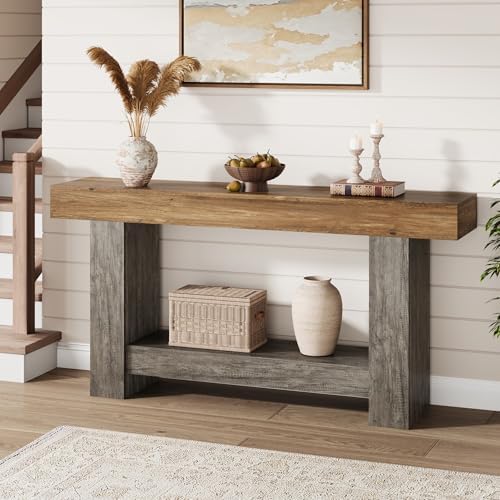 Garvee 63" Farmhouse 2-Tier Console Table for Entryway, Brown and Grey | Sofa Table with Storage, Sturdy U-Shaped Base, Long Entryway Table for Living Room, Easy Assembly