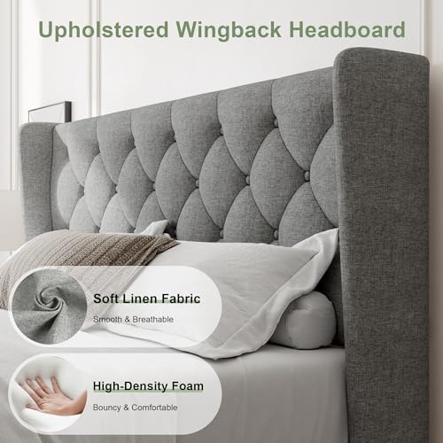 Feonase Queen Bed Frame with Upholstered Wingback Headboard, Platform Bed and Heavy Duty Wooden Slats Support, Easy Assembly, Noise-Free, No Box Spring Needed, Light Gray