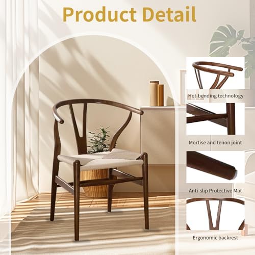 Y Wishbone Chair, Solid Ash Wood Dining Chair (Walnut) | Handwoven Paper Cord Seat, 300 LBS Capacity, Non-Slip Felt Pads, Curved Armrests, Ergonomic Y Back, Fully Assembled