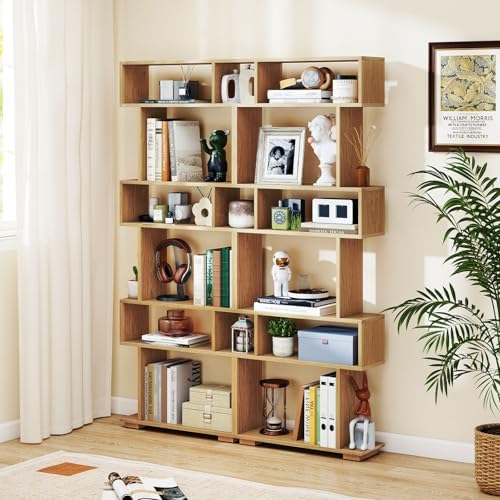GIANTEX 6-Tier Geometric Bookshelves Set of 2, S-Shaped Bookcase with 2 Anti-Tipping Kits, Wooden Display Shelf, Decorative Storage Shelving Unit, Home Storage Organizer for Living Room, Natural