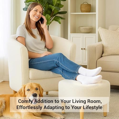 DAZONE Sherpa Accent Chair with Ottoman White Fluffy Teddy Barrel Armchair | Small Side Chair for Living Room, Bedroom, Reading Corner, Footrest, Boucle Corner Armchair, Solid Wood Legs, Soft Cushion