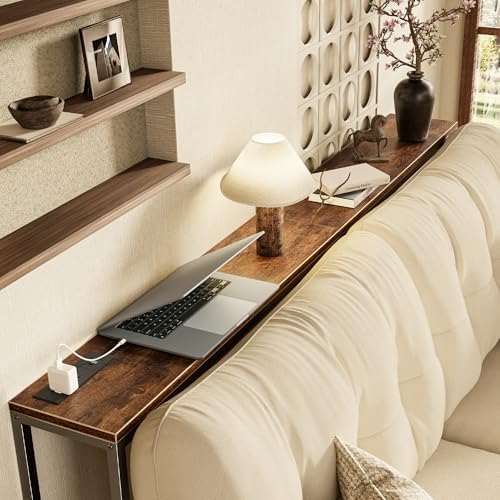 SUPERJARE 70 Inch Sofa Table with Outlet，Rustic Brown | 7.9 Inch Console Table with Charging Station,Narrow Entryway Table, Skinny Hallway Table, Behind Couch Table, for Living Room