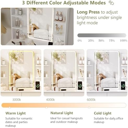 Small Vanity Desk with Mirror and Lights, Makeup Vanity with LED Lights, White Vanity Mirror with Lighted Desk and Chair, 3 Lighting Adjustable Compact Dressing Table with Mirror for Women, Girls