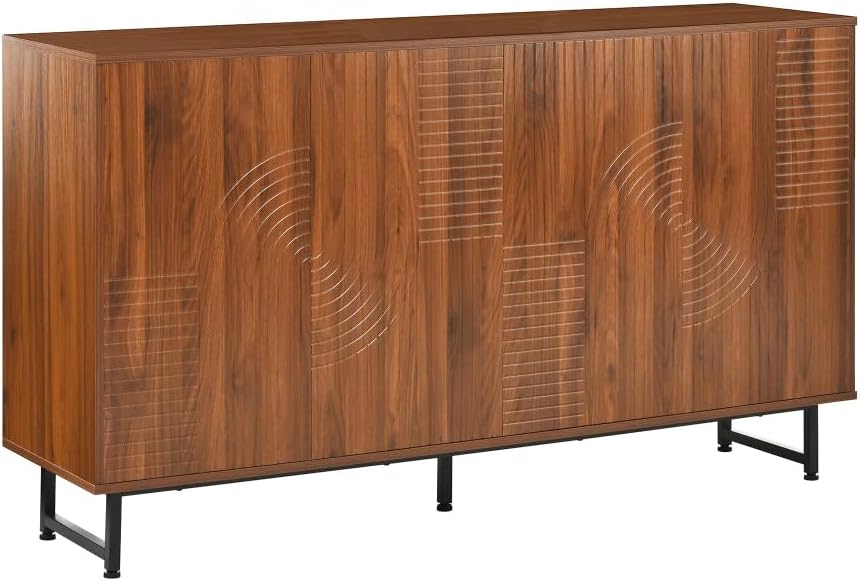 Saiveina Mid-Century Modern Walnut Sideboard Buffet Cabinet, 59 * 16 * 33 Inches Geometric Carved Storage Cabinet with Metal Legs, Multi-Purpose Credenza for Living Room, Dining Room, Entryway